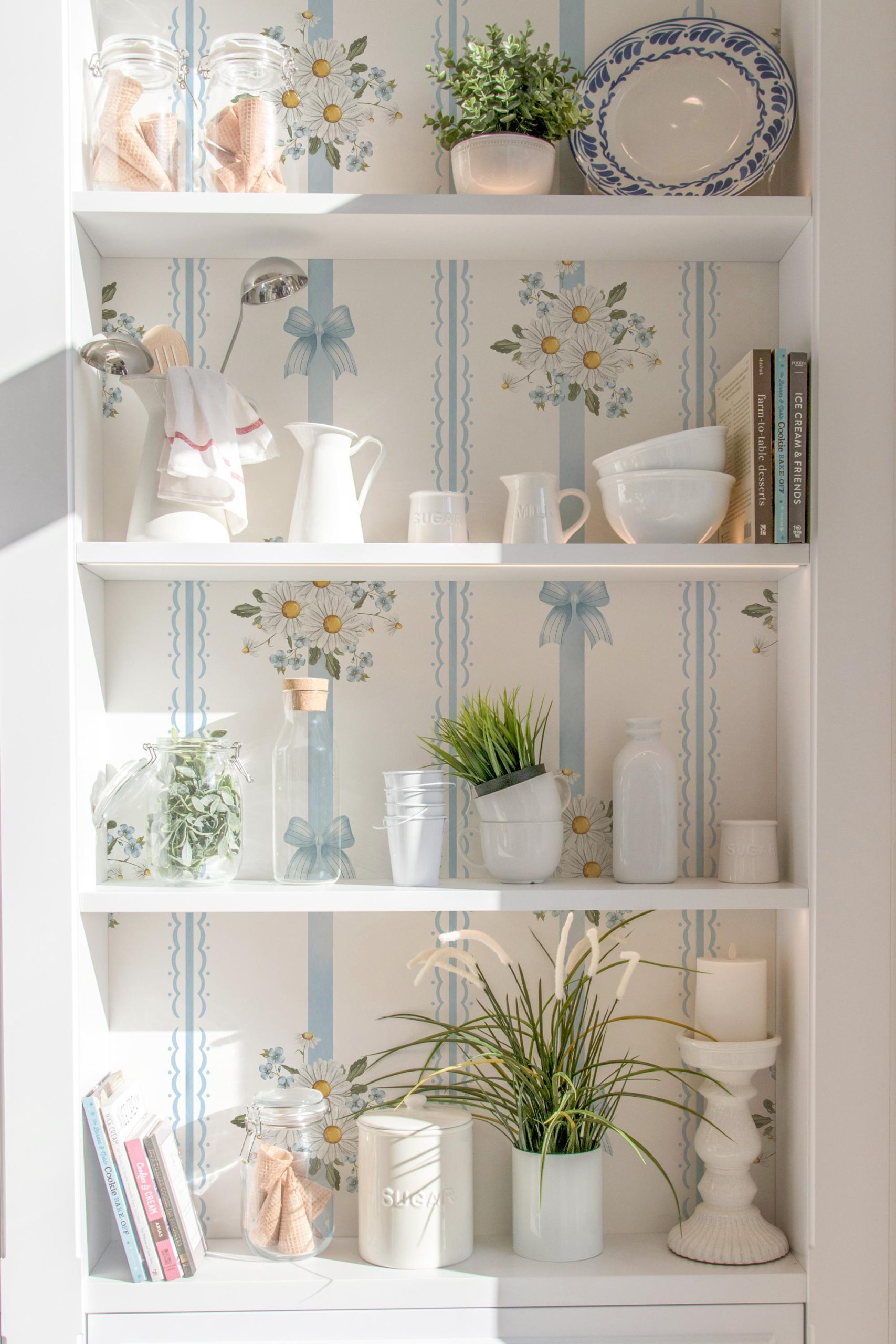 Baby Blue Vintage Floral Bows Stripe Wallpaper, Peel and Stick Removable, Coquette Grandmillennial Chic, Flower Elegant Classic Blue Toile - Image 5