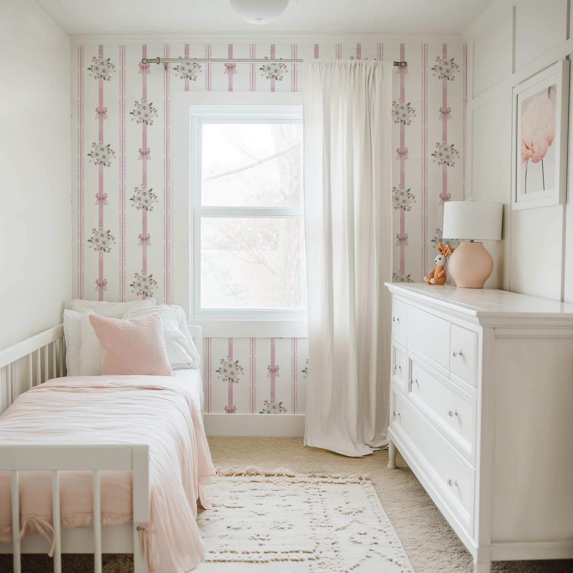 Baby Pink Vintage Floral Bows Stripe Wallpaper, Peel and Stick Removable, Coquette Grandmillennial Chic, Flower Elegant Classic Pink Toile - Image 3