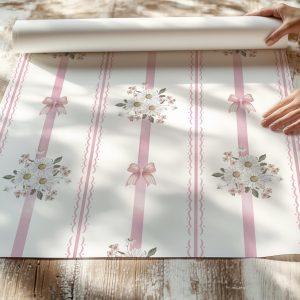 Baby Pink Vintage Floral Bows Stripe Wallpaper, Peel and Stick Removable, Coquette Grandmillennial Chic, Flower Elegant Classic Pink Toile