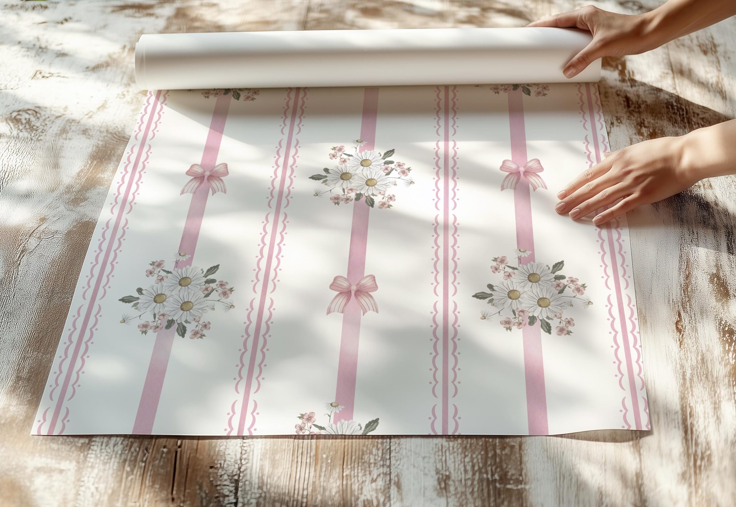 Baby Pink Vintage Floral Bows Stripe Wallpaper, Peel and Stick Removable, Coquette Grandmillennial Chic, Flower Elegant Classic Pink Toile