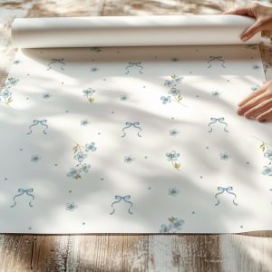 Ditsy Blue Floral Bows Wallpaper, Peel Stick Removable Bedroom Nursery, Little Girls Playroom Dainty Granny Chic, Grandmillennial Coquette
