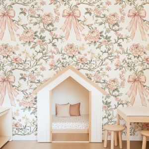Peach Pink Bow Chinoiserie Wallpaper, Peel and Stick Removable, Coquette Grandmillennial Chic, Flower Baroque Vines, Elegant Pink Toile