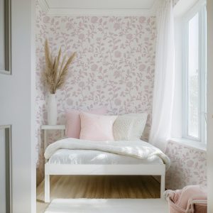 Mauve Pink Vintage Romantic Flower Peel and Stick Wallpaper, Grandmillenial Chic, Baby Girl Nursery, Shabby Chic Rose Vine, Baroque Elegant