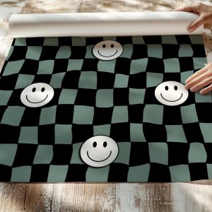 Rad Smile Face Wavy Checkered Wallpaper, Check Wallpaper Jade Green Blue Black, Gingham Peel Stick Removable, Retro Rad Cool Kid Boys Room