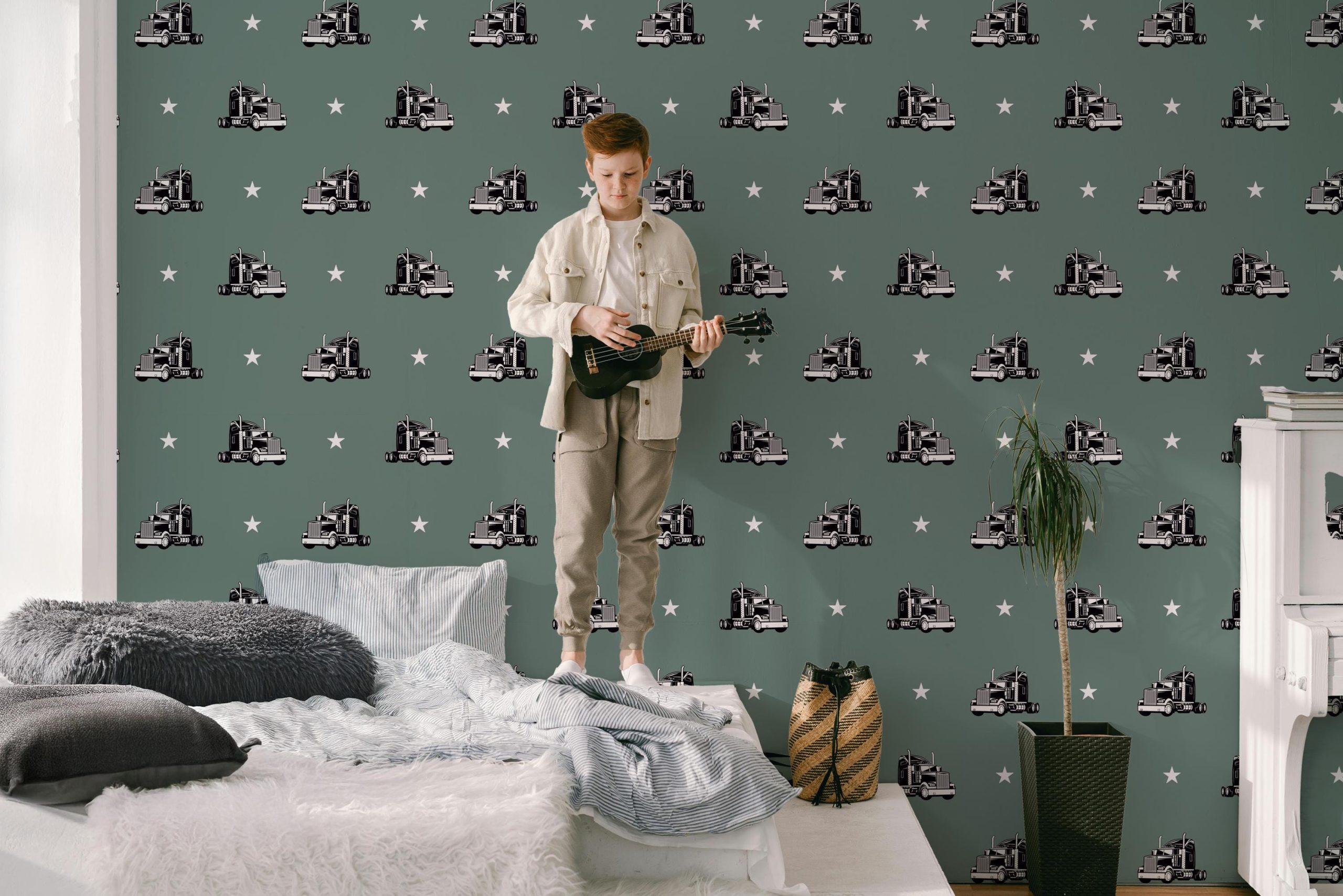 Semi Truck Star Wallpaper, Blue Green 70s Retro Grunge, Peel Stick Removable, Retro Rad Cool Kid Boys Room, Trucker Bro Cool Kid Jade Teal - Image 5