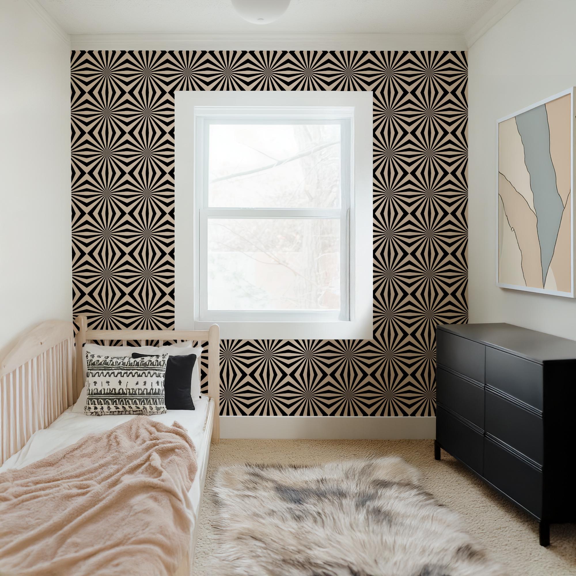 Abstract Geometric Pattern Wallpaper, Tan Black 70s Retro Grunge, Peel Stick Removable, Retro Rad Cool Kid Boys Room