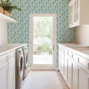 Watercolor Blue Aqua Navy Geometric Triangle Wallpaper, Peel and Stick Removable, Prepasted Traditional, Bathroom, Bathroom, Kitchen, Entry