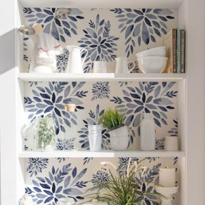 Watercolor Blue Floral Wallpaper, Navy Blue Stamp Look, Peel and Stick Removable, Prepasted Traditional, Bathroom, Bedroom, Kitchen Update
