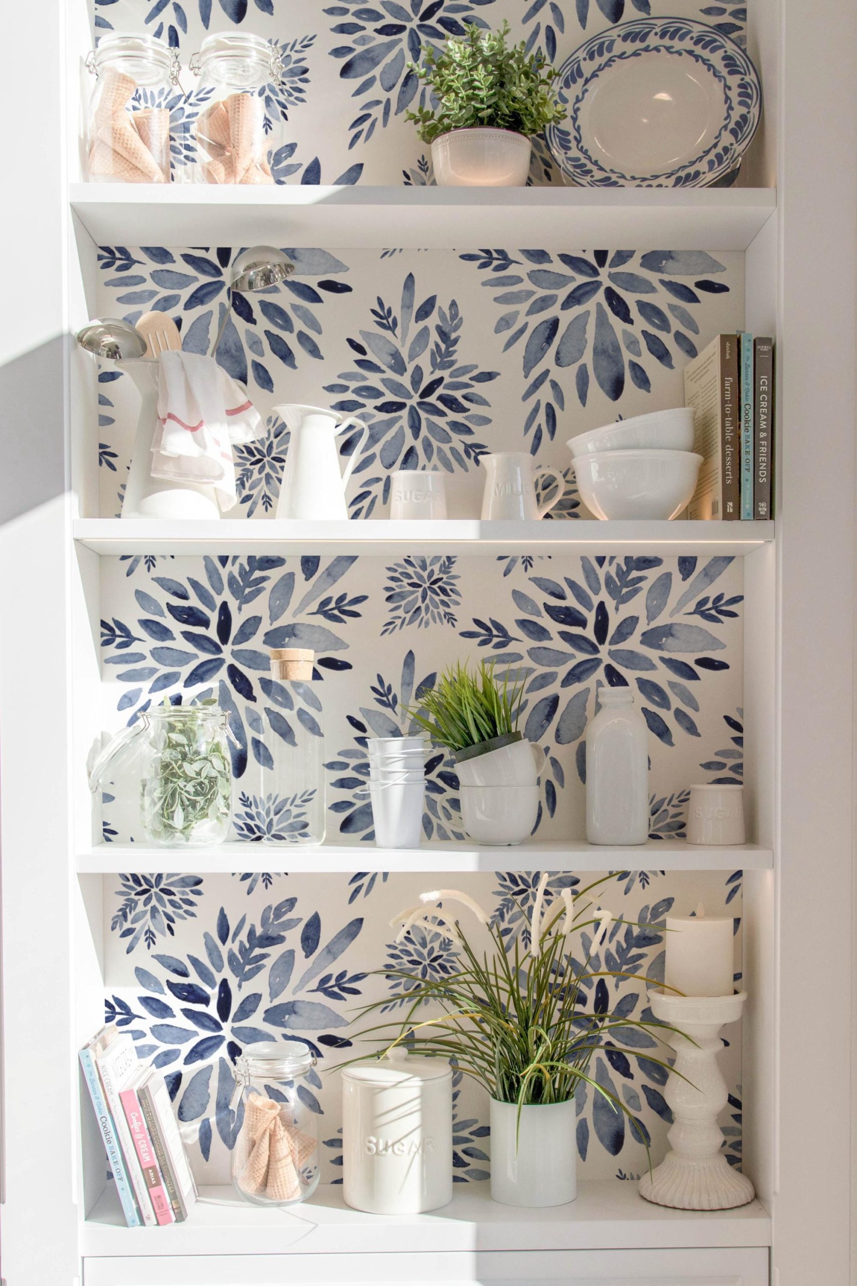 Watercolor Blue Floral Wallpaper, Navy Blue Stamp Look, Peel and Stick Removable, Prepasted Traditional, Bathroom, Bedroom, Kitchen Update