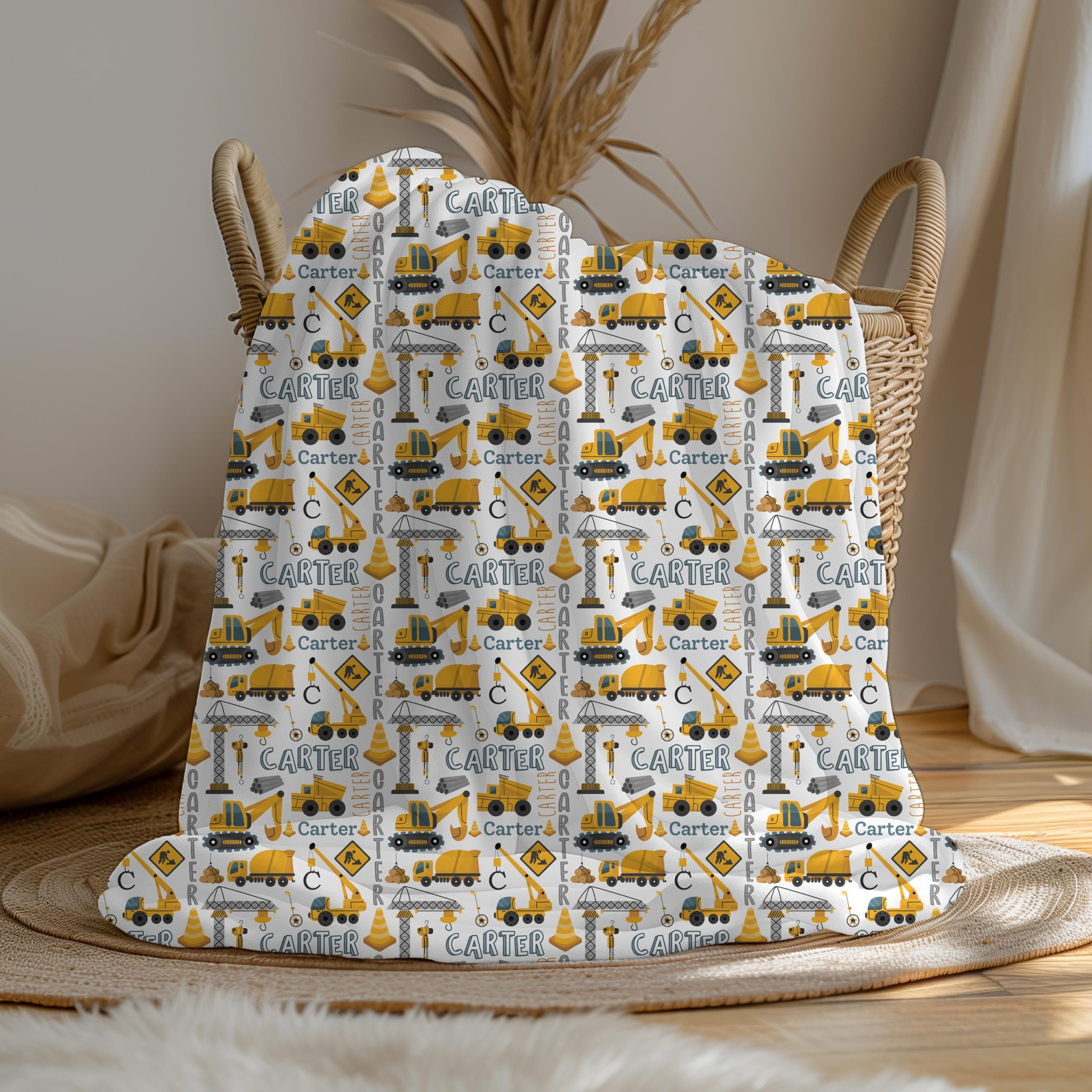 Construction Site Vehicles Blanket, Personalized Name Collage, Excavator Cement Mixer Dump Truck Crane, Gift for Boy, Minky or Sherpa