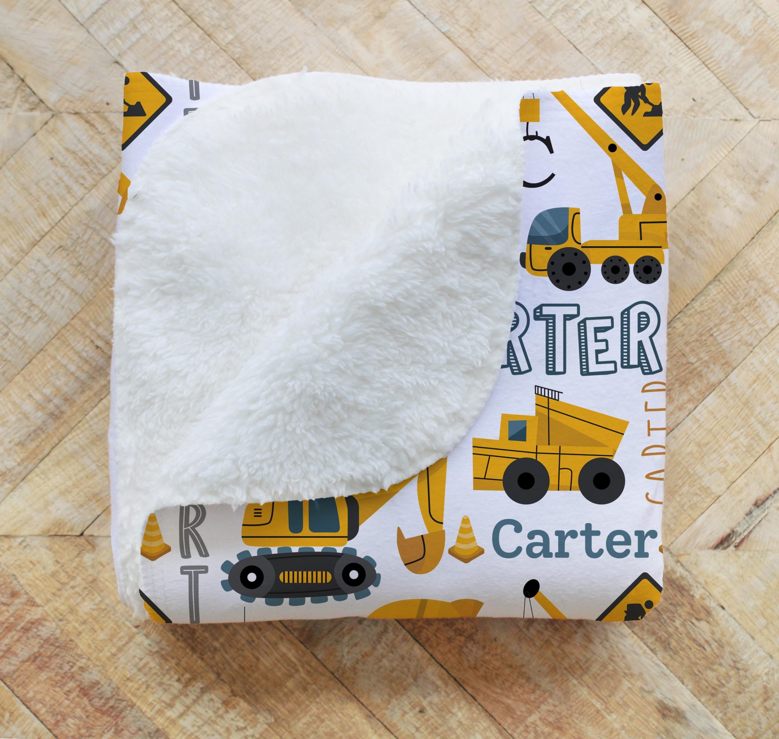 Construction Site Vehicles Blanket, Personalized Name Collage, Excavator Cement Mixer Dump Truck Crane, Gift for Boy, Minky or Sherpa - Image 7