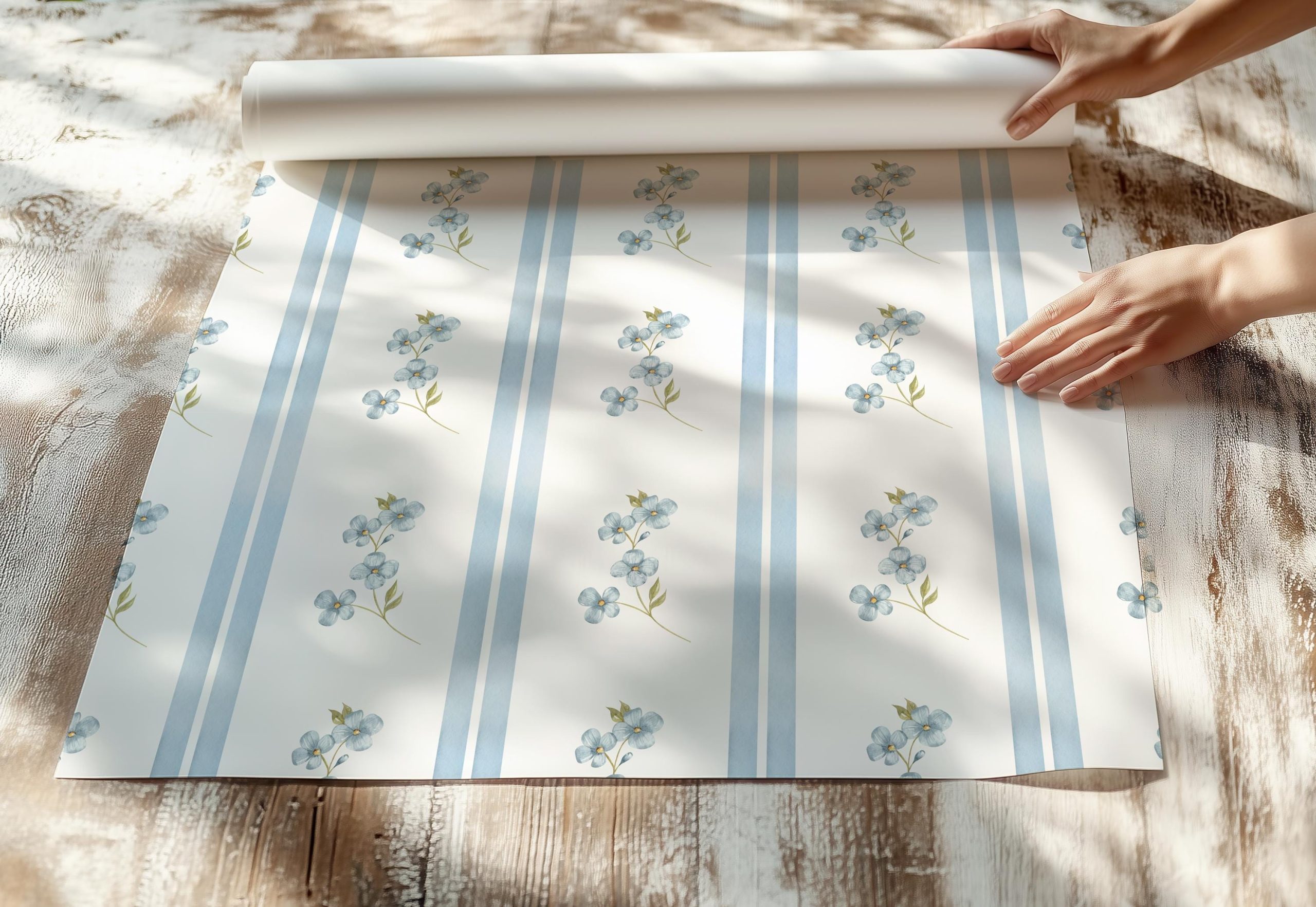 Baby Blue Vintage Floral Stripe Wallpaper, Peel and Stick Removable, Coquette Grandmillennial Chic, Flower Elegant Classic Blue Toile