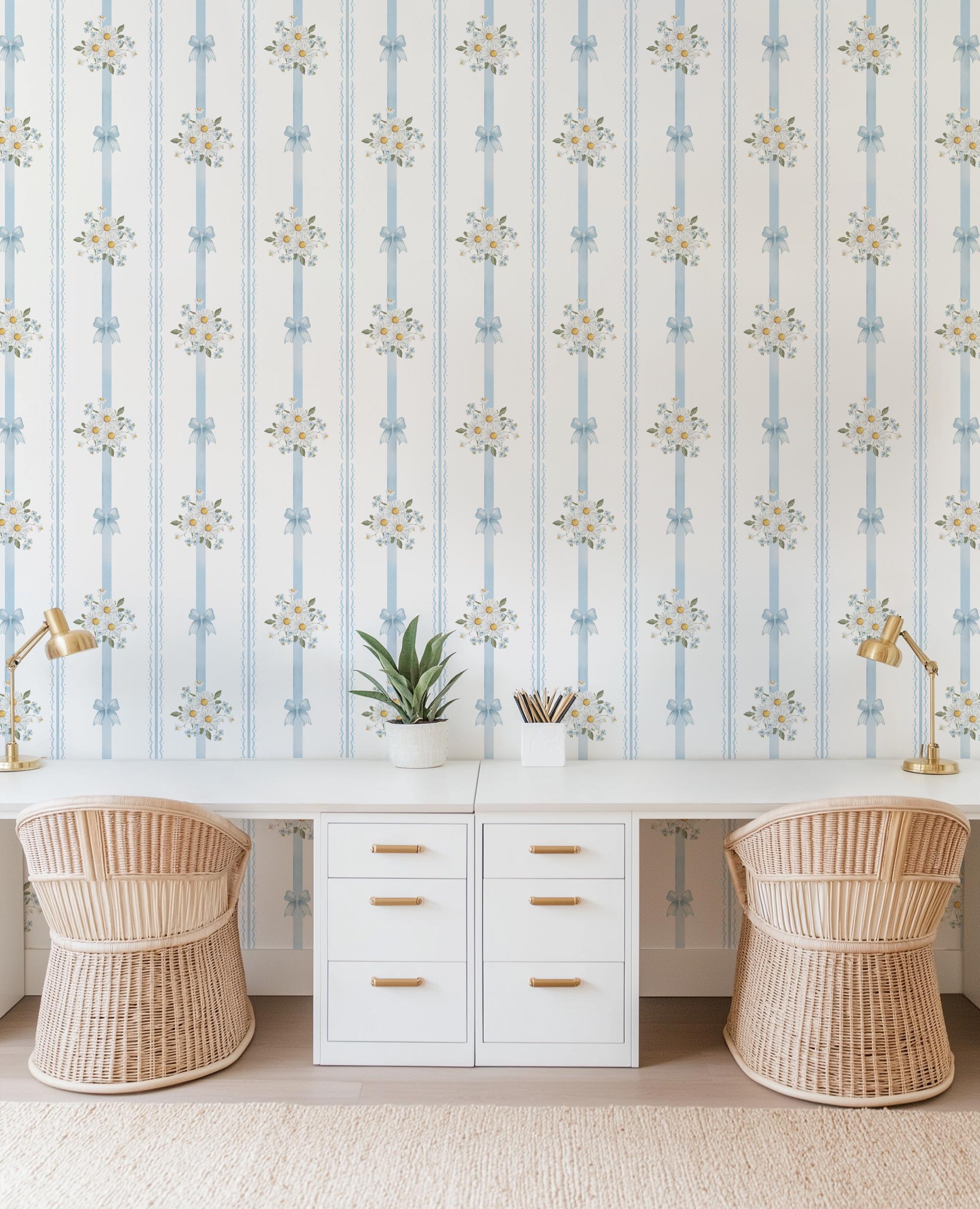 Baby Blue Vintage Floral Bows Stripe Wallpaper, Peel and Stick Removable, Coquette Grandmillennial Chic, Flower Elegant Classic Blue Toile - Image 7