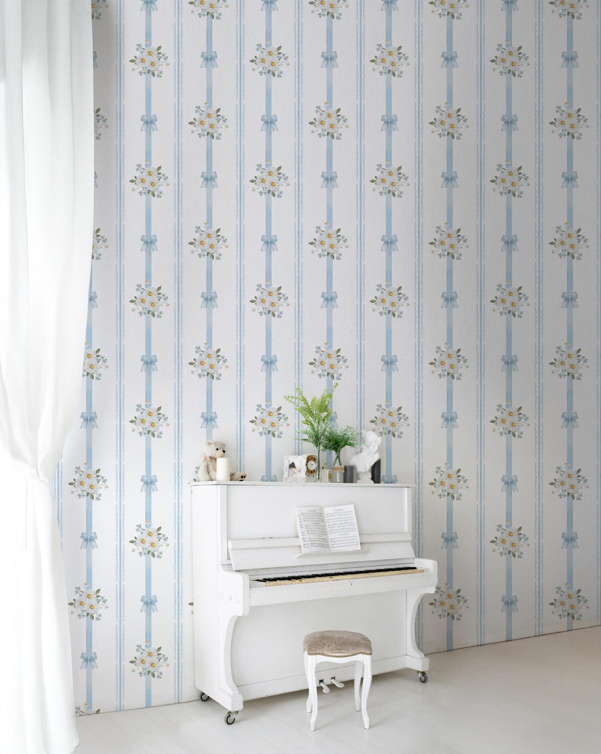 Baby Blue Vintage Floral Bows Stripe Wallpaper, Peel and Stick Removable, Coquette Grandmillennial Chic, Flower Elegant Classic Blue Toile - Image 4