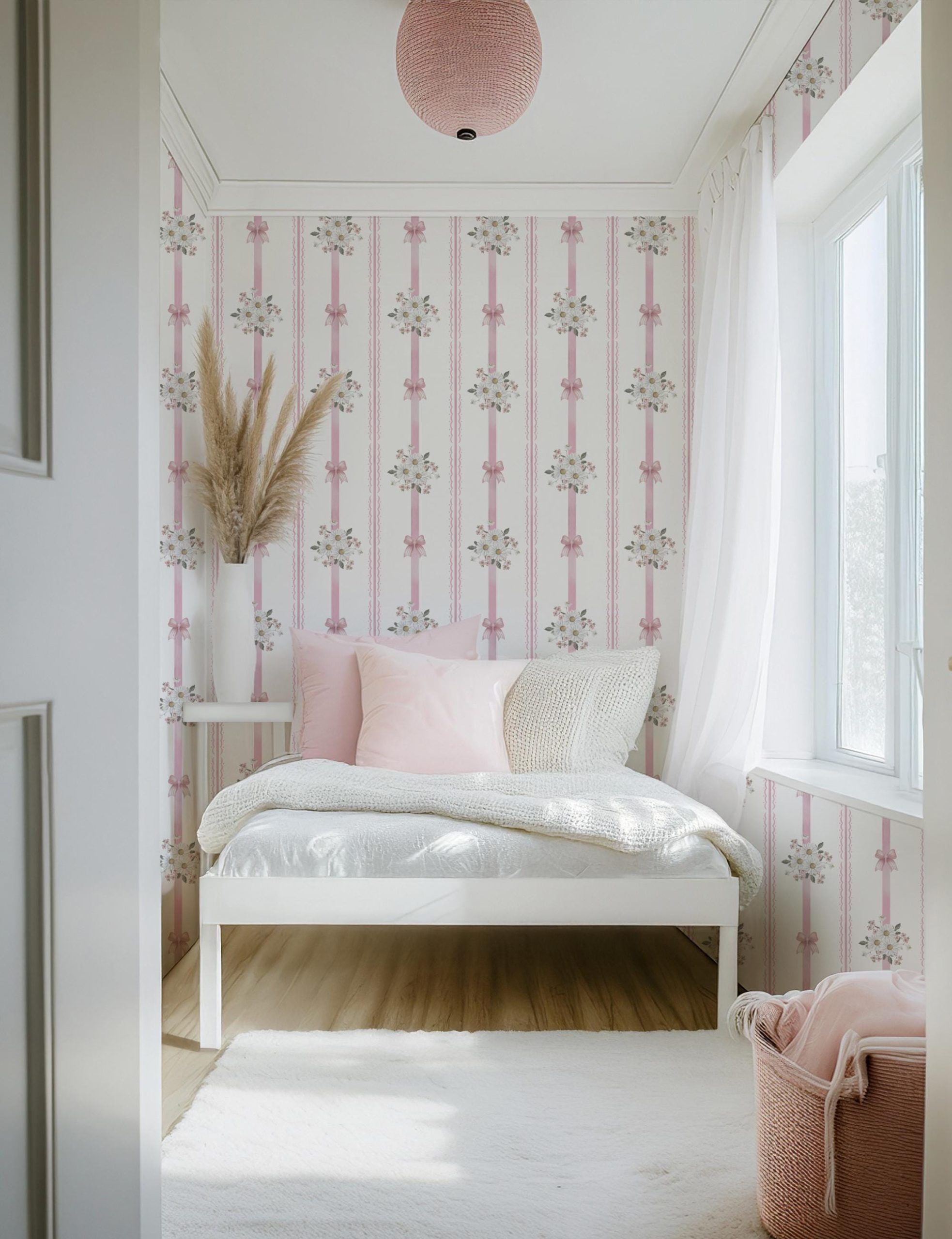 Baby Pink Vintage Floral Bows Stripe Wallpaper, Peel and Stick Removable, Coquette Grandmillennial Chic, Flower Elegant Classic Pink Toile - Image 7