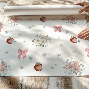 Ditsy Strawberry Pink Bows Floral Wallpaper, Peel Stick Removable Bedroom Nursery, Little Girls Dainty Granny Chic, Grandmillennial Coquette