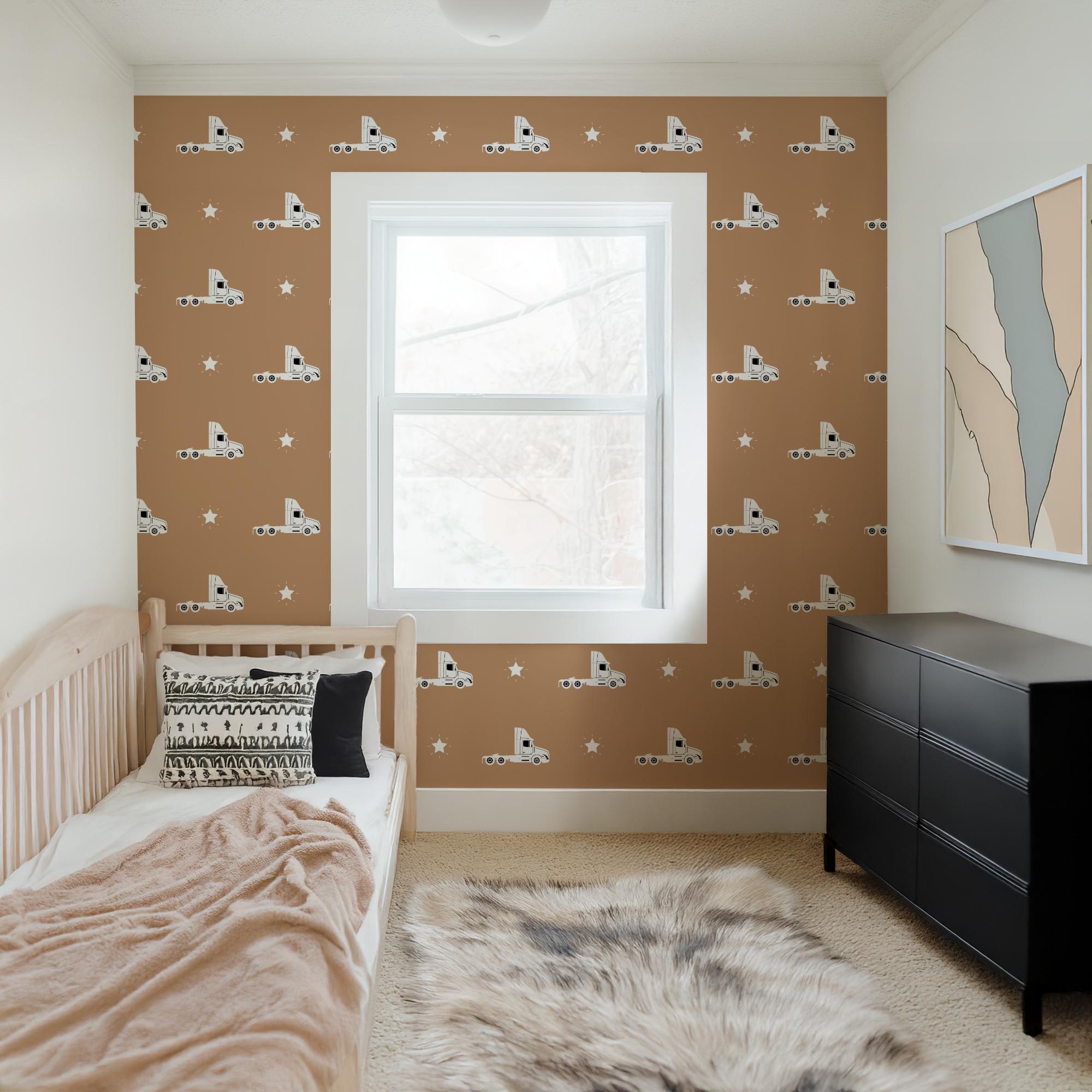 Tan Semi Truck Star Wallpaper, Neutral 70s Retro Grunge, Peel Stick Removable, Retro Rad Cool Kid Boys Room, Trucker Bro Cool Kid - Image 2