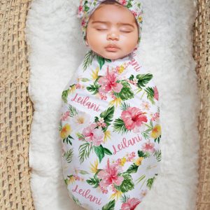 Personalized Baby Girl Swaddle Blanket, Hat, Headband, Tropical Pink Hibiscus Luau Flowers, Newborn Infant Name Shower Gift, Leilani