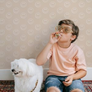 Neutral Happy Face Wallpaper Peel and Stick or Traditional, Beige Smile Face Wall Mural for Nursery, Kids Room or Playroom Decor