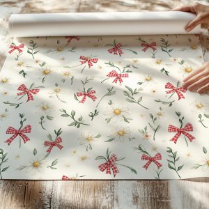 Whimsical Daisy and Bows Floral Wallpaper, Peel Stick Bedroom Nursery, Little Girls Dainty Granny Chic, Grandmillennial Coquette Red Plaid