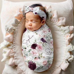 Baby Girl Personalized Swaddle, Hat, Headband, Pink Burgundy Floral Rose, Expecting New Mom Shower Gift, Hospital Newborn Photos, Sophia II