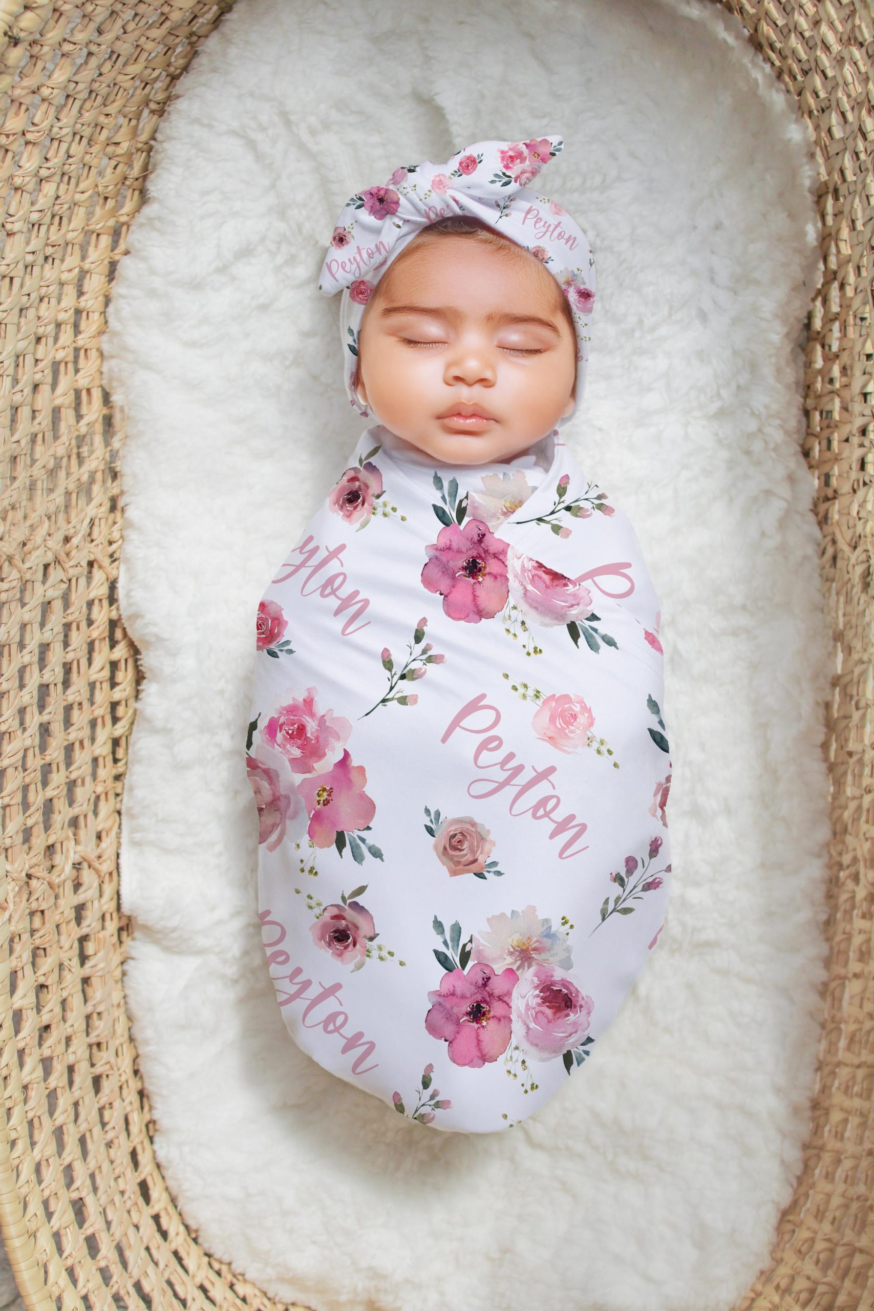 Swaddle Blanket Headband Hat Set Floral Pink Rose Personalized Baby Shower Gift Hospital Newborn Photos Prop Peyton Flower Large Coming Home - Image 4