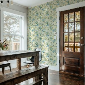 Romantic Watercolor Blue Floral on Yellow Wallpaper, Vintage Classic, Shabby Chic Soft Blue Flowers, Peel and Stick, Removable, Traditional