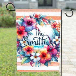 Tropical Hibiscus Flower Wreath Yard Flag, Personalized Hawaiian Floral Garden Sign, Outdoor Decor, Welcome Sign, Gift for Hibiscus Lover