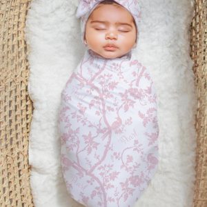 Baby Pink Floral Botanical Bird Swaddle, Blankets, Crib Sheets, Grandmillennial Coquette Granny Chic Flower Baroque Vines Elegant Pink Toile