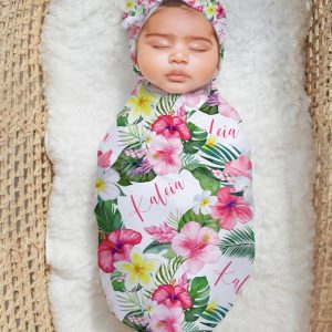 Tropical Luau Hawaiian Hibiscus Swaddle, Blanket Headband Hat Crib Sheet Options, Personalized Baby Shower Gift, Newborn Photos, Tropicana
