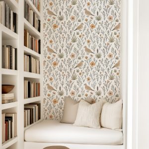 Desert Wildflower Garden and Doves Wallpaper, Peel and Stick Removable, Unpasted Traditional Option, Retro Boho Birds, Girl Botanical Floral