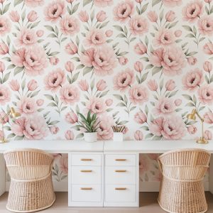 Large Pink Peonies Floral Wallpaper, Large Scale Peel and Stick Removable, Unpasted Prepasted Traditional Option, Baby Girl Nursery Mural