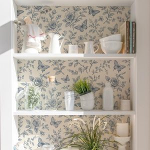 Vintage Inspired Blue Floral Wallpaper, Botanical Butterfly Toile Chinoiserie, Navy Ink Peel Stick Prepasted Traditional Elegant Flower Vine