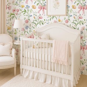 Pastel Floral Bow Wallpaper Peel and Stick, Coquette Nursery Wall Mural for Girls Room or Bedroom, Soft Pink Removable Wall Art