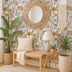 Neutral Wildflower Wallpaper Peel and Stick, Mustard Beige Floral Wall Mural for Boho Nursery or Bedroom, Removable Botanical Art