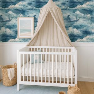 Ocean Waves Wallpaper Peel and Stick, Coastal Wall Mural for Beach House or Bathroom, Nautical Blue Removable Wall Art for Summer Decor