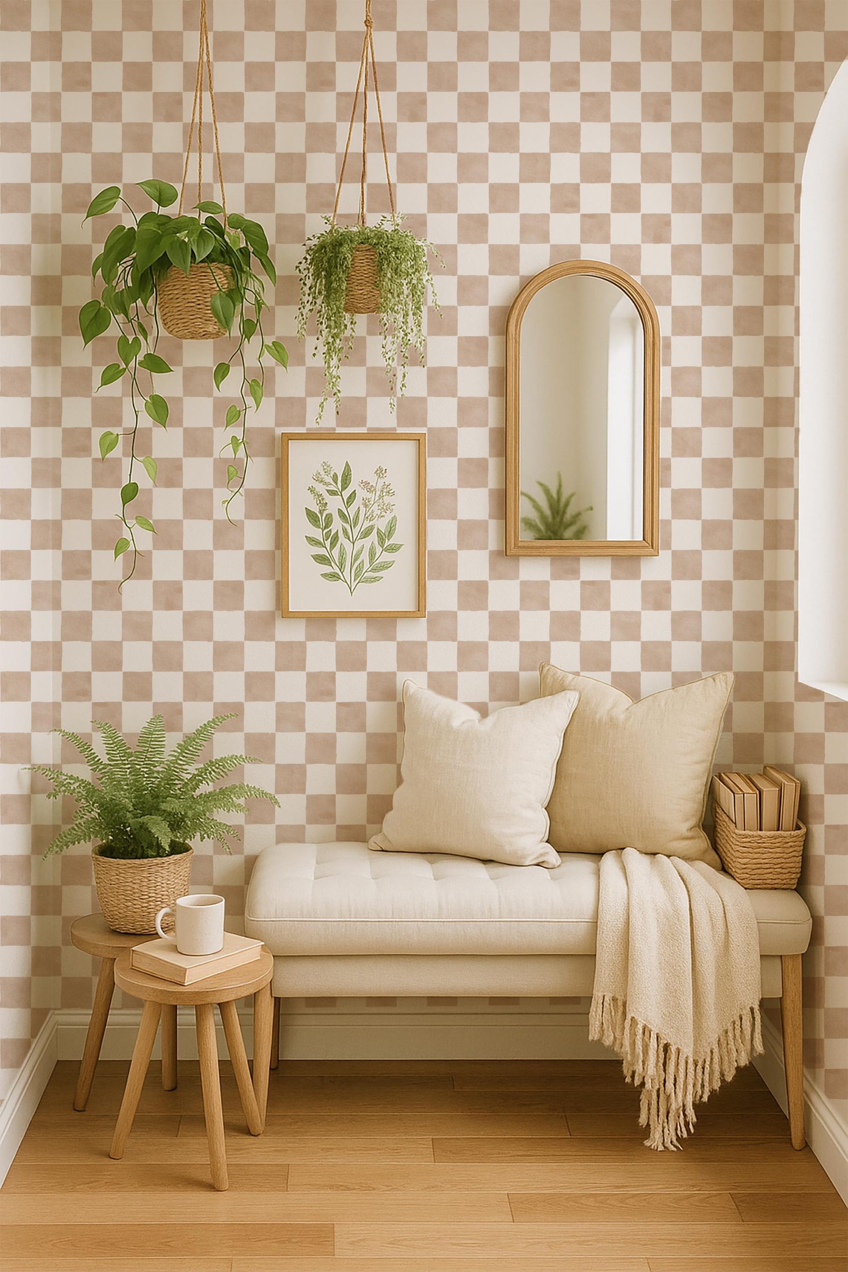 Tan Watercolor Checkered Wallpaper, Neutral Peel and Stick Wall Mural, Modern Farmhouse or Scandinavian Nursery Decor, Gingham Grid Wall - Image 6