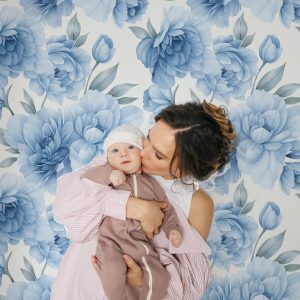 Blue Peonies Floral Wallpaper, Large Scale Peel and Stick Removable, Unpasted Prepasted Traditional Option, Baby Girl Nursery Mural