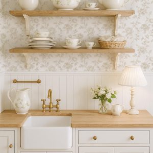 Romantic Rose Vine Classic Flower Peel and Stick Removable Wallpaper, Unpasted Traditional, Baby Girl Nursery Shabby Chic Beige Floral