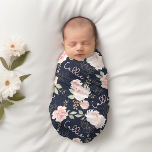 Personalized Pink Floral on Navy Baby Girl Swaddle, Hat, Headband, Gold Glitter Pattern, Newborn Name Blanket, New Mom Shower Gift, Callie