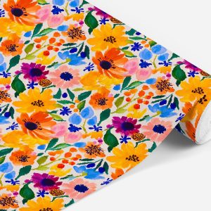 Cheerful Floral Wallpaper, Bright Watercolor Flower Pattern, Peel and Stick Removable, Traditional, Pre-Pasted