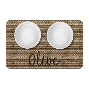 Woven Rattan Pattern Pet Placemat, Personalized Dog Cat Food Water Bowl Mat, New Puppy Supplies, Jute Basket Pattern, Natural Earthy Look