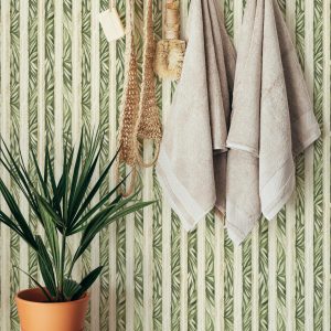 Green Leaf Stripe Wallpaper, Tropical Botanical Removable Wall Mural for Spa Bathroom, Boho Laundry Room or Jungle Nursery Decor