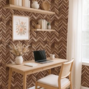 Wood Chevron Wallpaper, Rustic Removable Wall Mural with Faux Reclaimed Wood Pattern for Office, Bathroom or Modern Farmhouse Decor