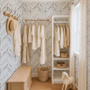 White Wood Chevron Wallpaper, Farmhouse Removable Wall Mural with Rustic Whitewashed Pattern for Closet, Bathroom or Entryway Decor