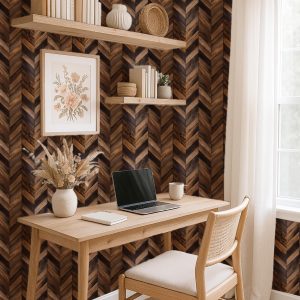Dark Wood Chevron Wallpaper, Removable Faux Walnut Wall Mural with Bold Grain Texture for Dining Room, Office or Rustic Accent Walls