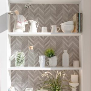 Gray Chevron Peel and Stick Wallpaper, Modern Faux Wood Wall Mural for Kitchen or Bedroom Accent Wall