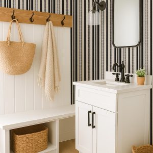 Black and Beige Vertical Stripe Peel and Stick Wallpaper with Modern Textured Look for Bathroom Entryway Office or Boho Wall Decor