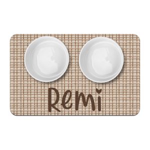 Cozy Plaid Pattern Pet Placemat, Personalized Dog Cat Food Water Bowl Mat, Puppy Supplies, Beige Gingham Woven Pattern, Neutral Pet Decor