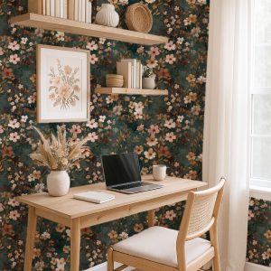 Dark Green Moody Floral Wallpaper, Vintage Watercolor Removable Wall Mural for Romantic Bathroom, Home Office or Cottagecore Decor Style